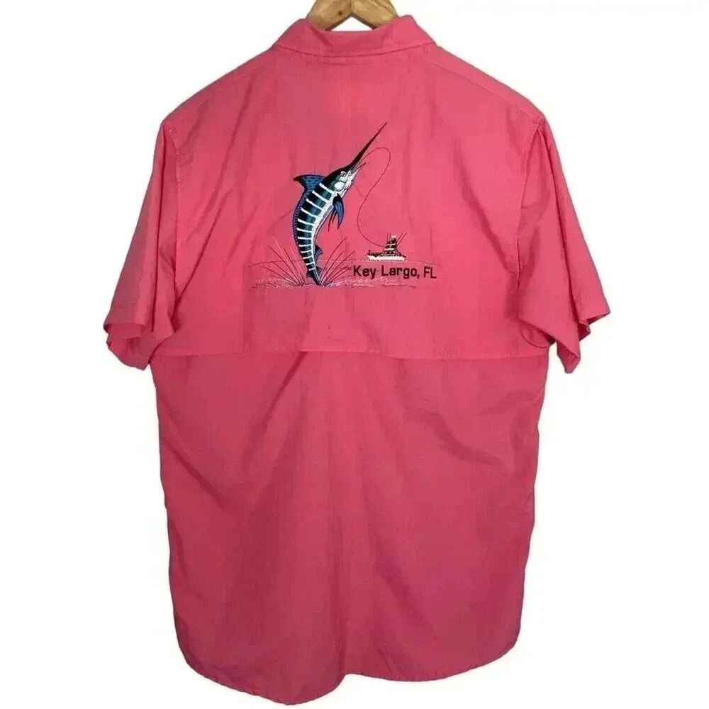 Key Largo Florida Marlin Spicy Tuna Fishing Button Up Embroidered Shirt Mens Med